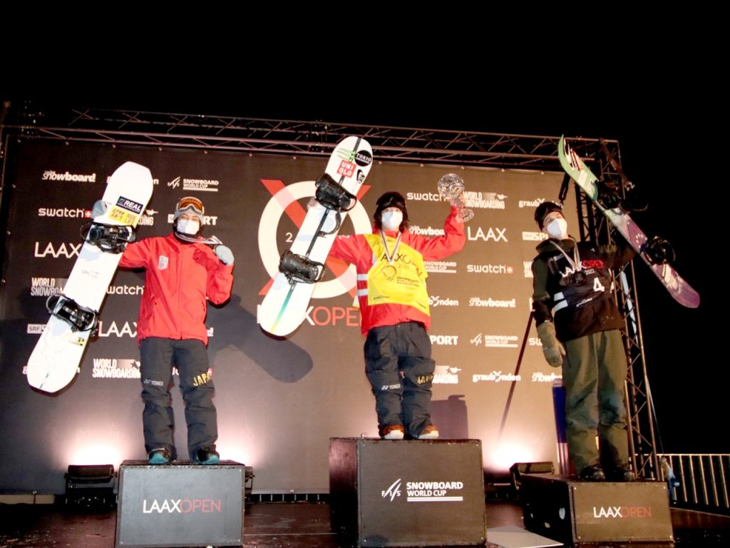 ワールドカップ・ツアー男子表彰　1位・平野歩夢選手　2位・平野流佳選手