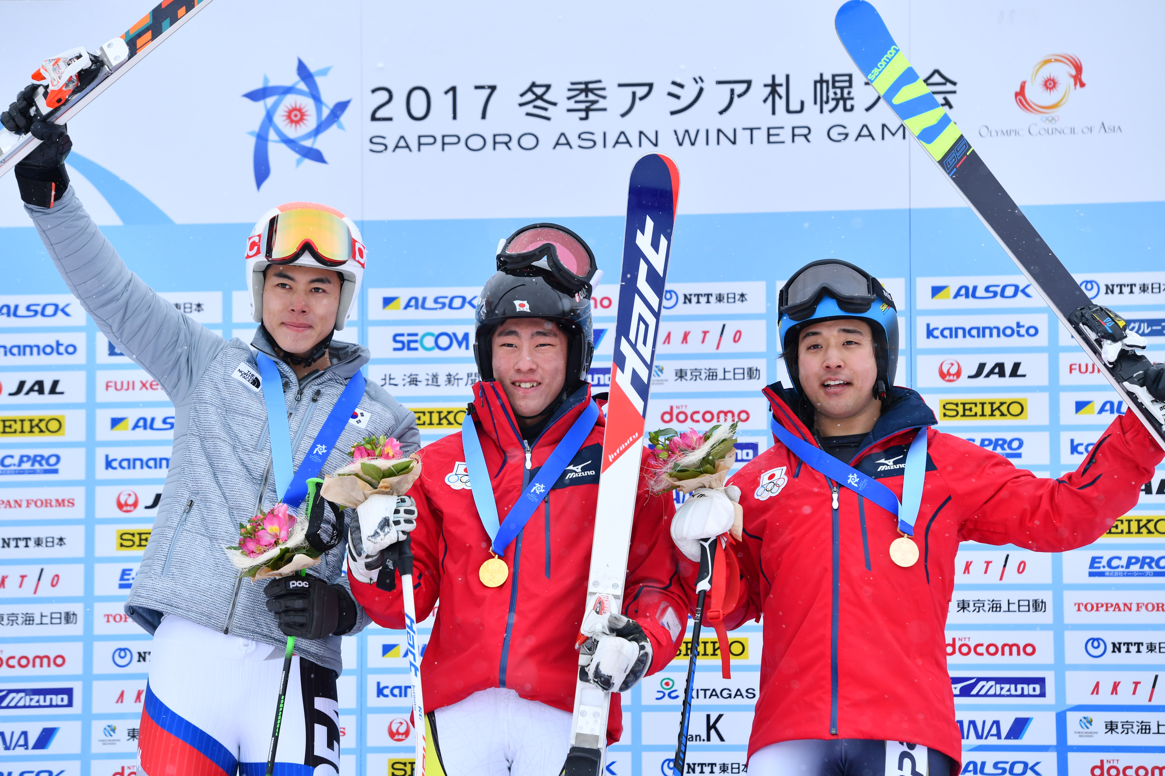(L-R) Kim Hyeon tae (KOR), ¬Rz½/Yohei Koyama, ¬cG«/Hideyuki Narita (JPN), FEBRUARY 22, 2017 - Alpine Skiing : Men's Giant Slalom Medal Ceremony during the 2017 Sapporo Asian Winter Games at Sapporo Teine in Hokkaido, Japan. (Photo by AFLO SPORT)